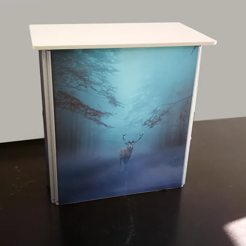 Promodesk met textielprint en legplank
