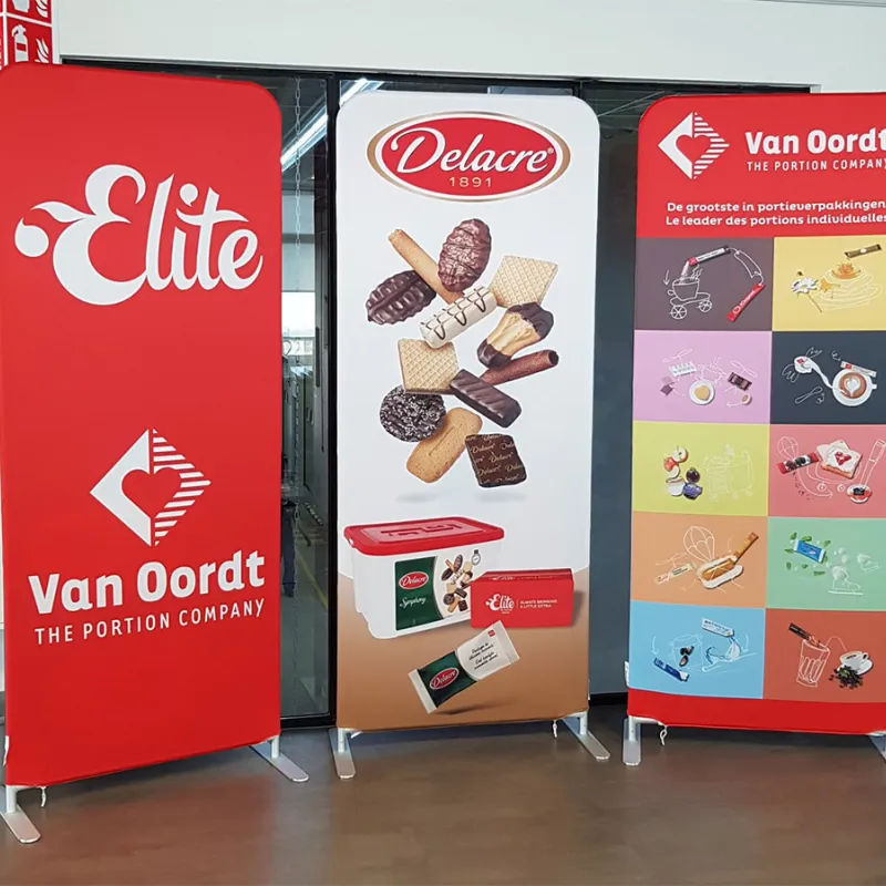Flexwall exhibition wall with printed fabric cover, stretch textile frame