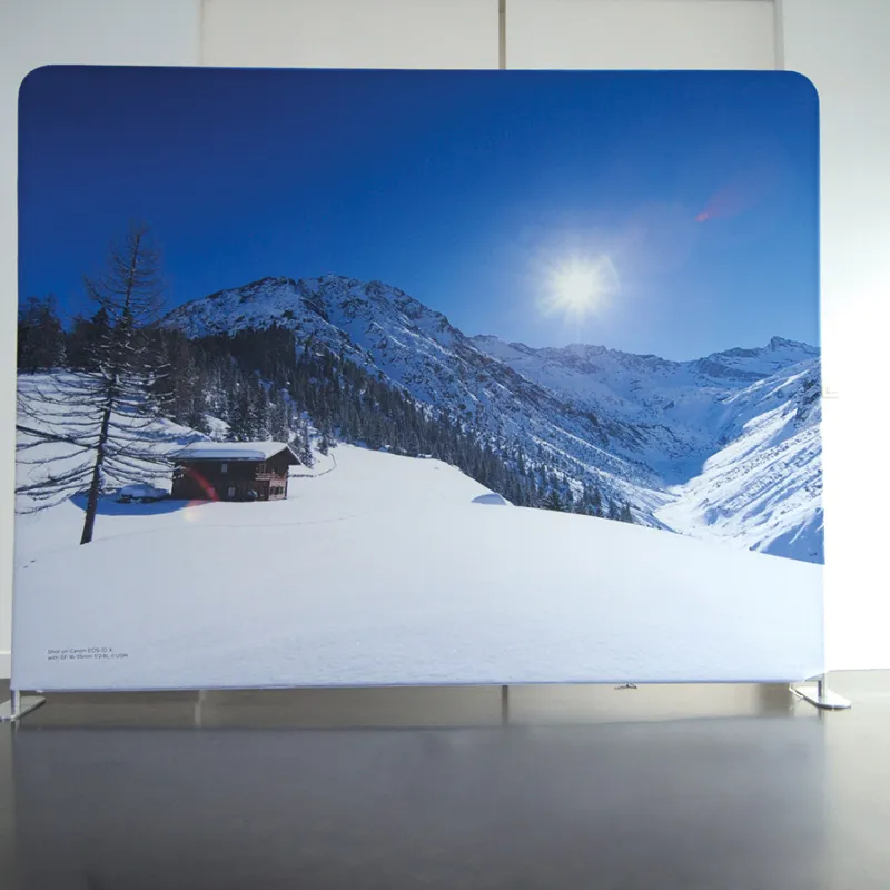 Flexwall exhibition wall with printed fabric cover, stretch textile frame