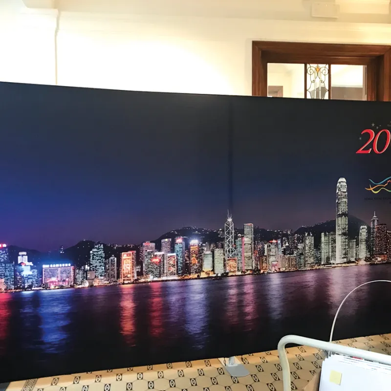 Flexwall exhibition wall with printed fabric cover, stretch textile frame