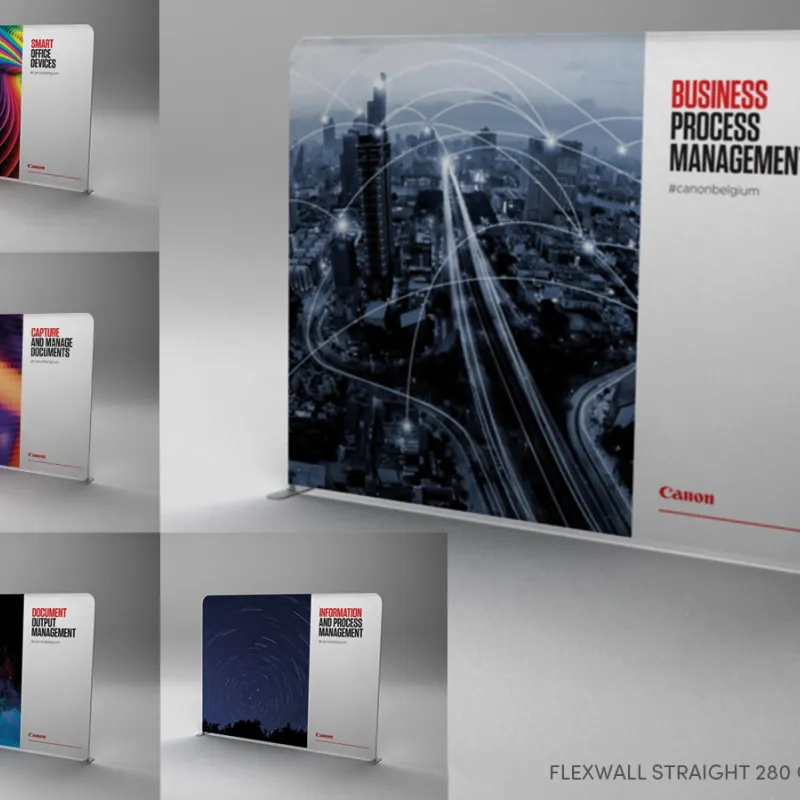 Flexwall exhibition wall with printed fabric cover, stretch textile frame