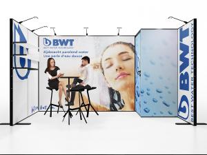 Beursstand Texframe Pro U met bergruimte en promo desk voor BWT