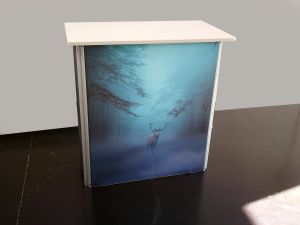 Promodesk met textielprint en legplank