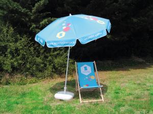 Parasol rond + bijhorende strandstoel voor SPORTA met bedrukking