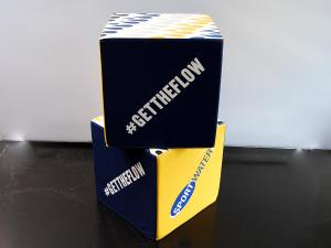 Zitkubus bedrukt in ecoleather voor Sportwater