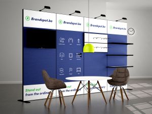Modular exhibition stand Texframe Pro with TV holder and shelfs
