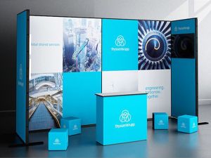 Modular exhibition stand Texframe Pro + counter + sitting cubes