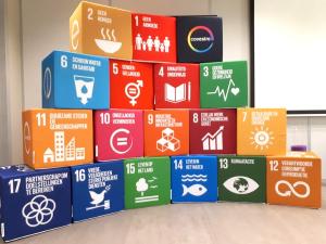 Cube seat with with 17 SDG goals and company logo